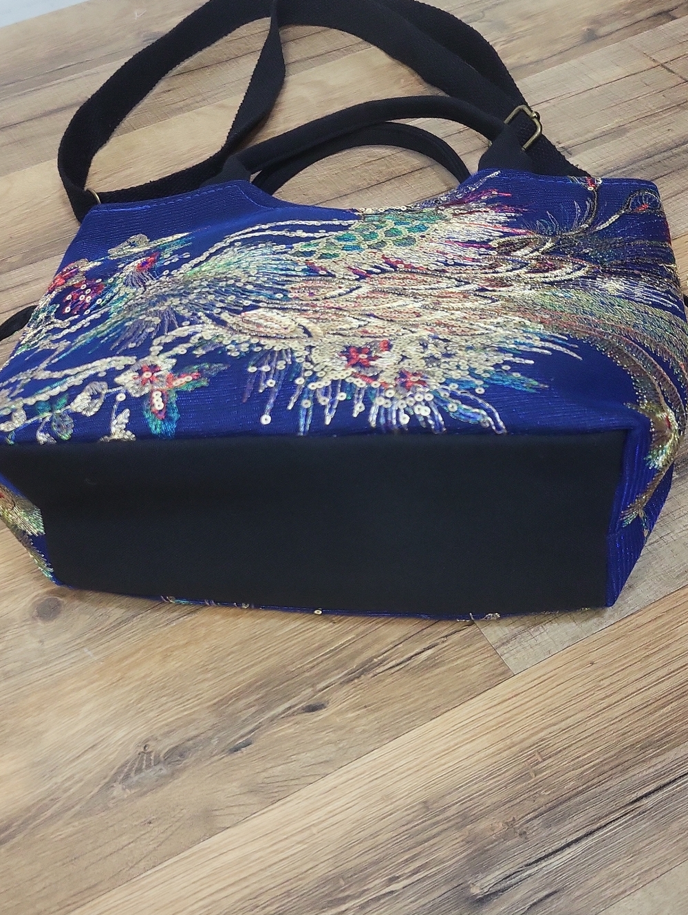 Blue Sequin Peacock Lightweight Handle & Removable Crossbody Strap Bag - Picture 5 of 15
